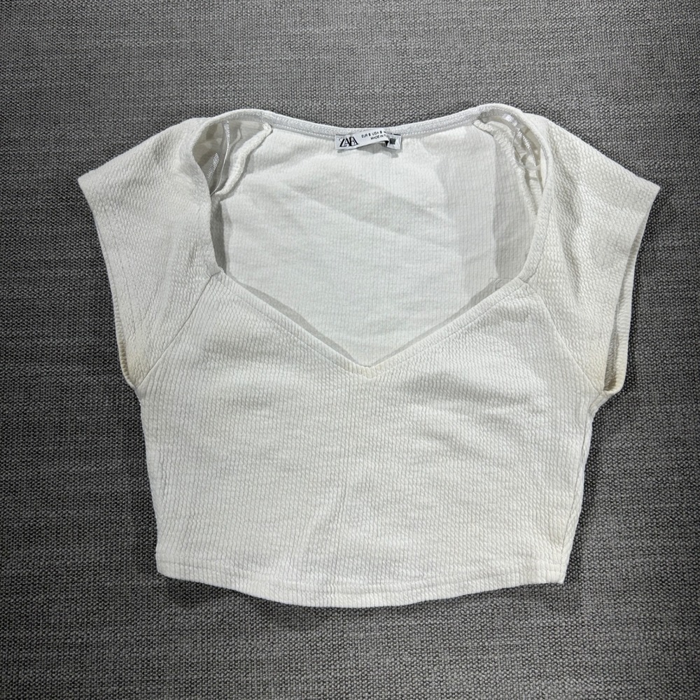 Zara Crop Top Womens S Cream Good Sweetheart Neck Textured Short Sleeve 1446
